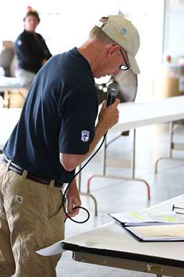 <p>
	Tournament director Trip Weldon announces boat number and marshal pairings.</p>
