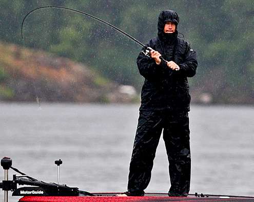 <p>
	Andy Montgomery makes a cast in the rain early on Day Two of the Douglas Lake Challenge. </p>
