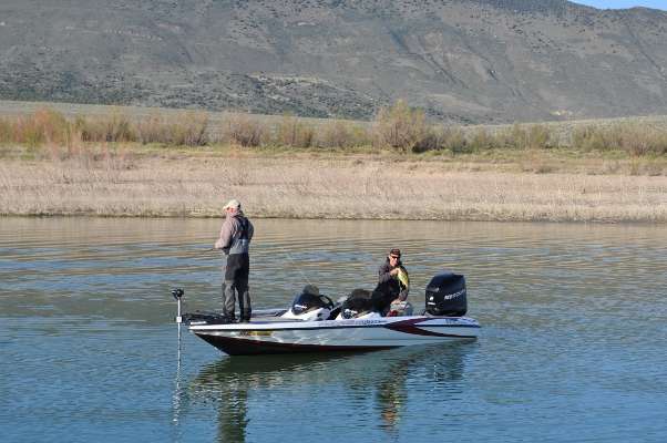 <p>
	Brent Shores of Idaho holds up his catch. Montanaâs Mike Dominick continues to pry the waters looking for smallmouth.</p>
