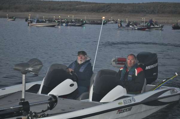 <p>
	Robert Crask of Colorado and Mike Powell of Utah head out. Powell said he hopes the wind holds off today.</p>
