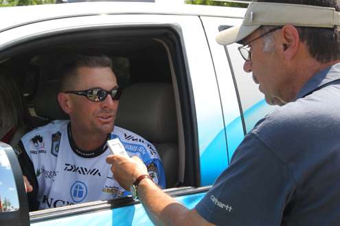 <p>
	Randy Howell is interviewed by Bassmaster senior writer Louie Stout before weigh-in on Day Four at the Douglas Lake Challenge.</p>
