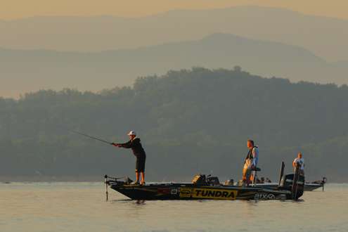 <p>
	Gerald Swindle makes a cast in the morning light of Day One of the Douglas Lake Challenge.</p>
