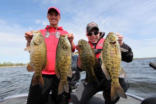 Brandon Barrette (left) and Bryce Jacobson, both of Peshtigo, Wis., show off part of their recent catch of smallmouth bass from Green Bay, Wis., site of the Bassmaster Elite Series âMystery Lakeâ event to be held June 28-July 1. It will be the first major Bassmaster tournament to be held in the Green Bay area. 