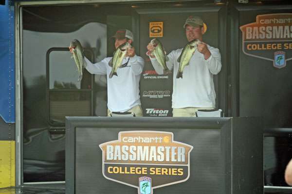 <p>
	Cale Fulps and Cody Plunkett of Northeastern State University take second place with their 15-10 limit.</p>
