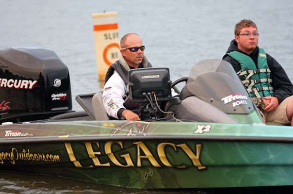 Mike Elsea in Boat 34 moves toward launch with co-angler Kennon Ball at his side.