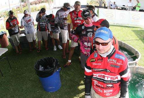 <p>
	 </p>
<p>
	Elite angler stand in line to weigh in Thursday.</p>
