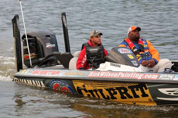 Elite Series pro Kyle Fox and co-angler Ron Chambers roll out in a Skeeter FX on Day One on the James River.
