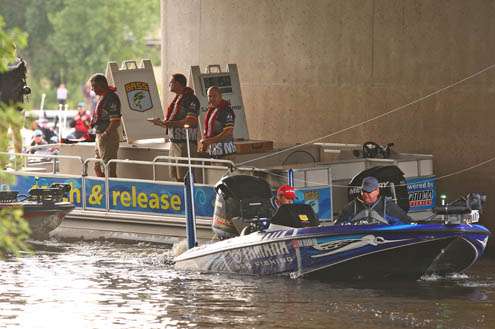 <p>
	Todd Faircloth idles through boat check and heads towards the river.</p>
