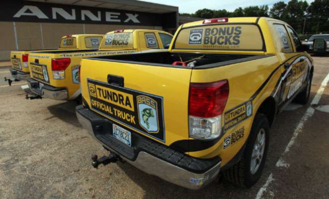 <p> 	Toyota Tundra is the Official Truck of B.A.S.S., and several tournament trucks are onsite and ready for action.</p> 