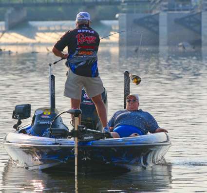 <p>
	Biffle lands a smallie as his Marshal observes.</p>
