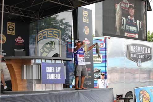 <p>
	Brandon Palaniuk (4<sup>th</sup>, 35- 0)holds up some of his beautiful catches from Day 2. </p>
