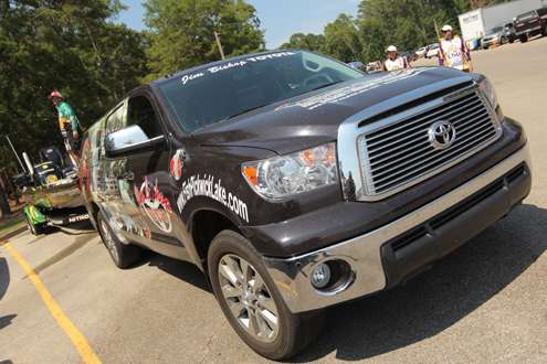 <p>
	Timmy Horton's Toyota truck pulls him into the weigh-in area.</p>
