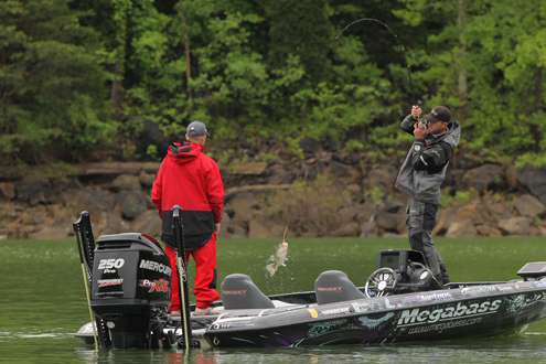 <p>
	Aaron Martens flips a nice bass onto his boat.</p>
