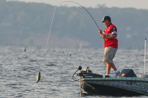 <p>
	Cliff Pace hooks up with another fish early on Day Two. </p>
