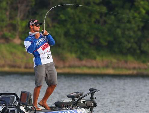 <p>
	Brandon Palaniuk hooks up with a fish, but unfortunately it came free before reaching the boat. </p>
