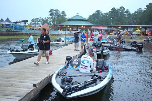 <p> 	The boat check dock is full of the Top 12 anglers.</p> 