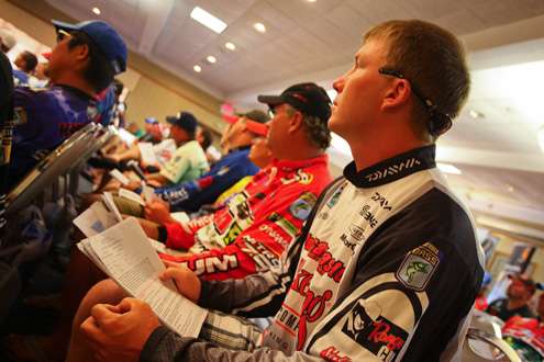 <p>
	Andy Montgomery listens intently during the anglers briefing.</p>
