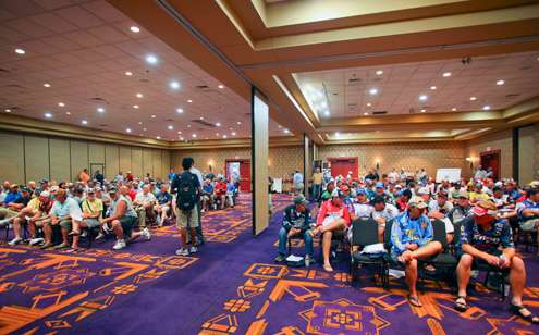 <p>
	Elite Series anglers and Marshals wait to be paired.</p>
