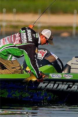 <p>
	VanDam scoops a nice keeper smallmouth into the boat.</p>
