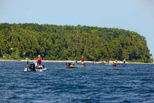 <p>
	Boats lined the shore near the mouth of Little Sturgeon Bay.</p>
