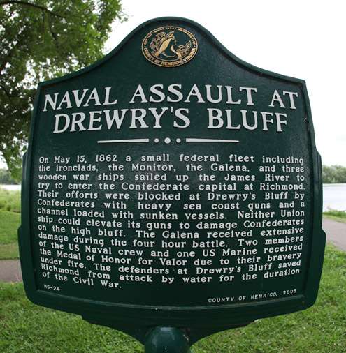 <p>
	A historic site marker tells about the significance of the James River and Drewry's Bluff during the Civil War.</p>
