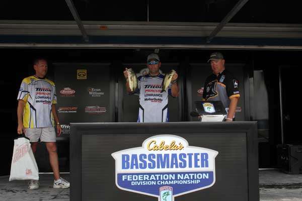 <p>
	Jason Benjamin (Kansas) proudly display two bass that were a part of his limit today. He also limited yesterday and is currently in 10th place.</p>
