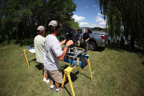<p>
	Mercer and Sander taping a video segment.</p>
