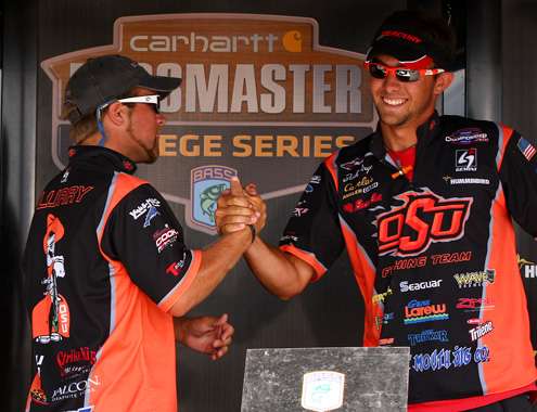 <p>
	Birge and Flurry celebrate their team victory; the next time they meet on the water, they will be competing against each other for a berth in the 2013 Bassmaster Classic.</p>
