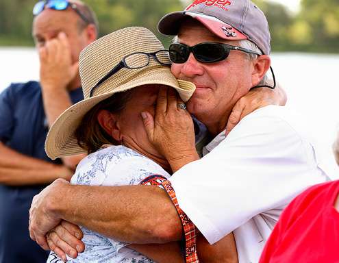<p>
	Dr. Bruce Lee and Leigh Lee, parents of Jordan and Matt Lee, embrace after learning their sons will compete against one another for a berth in the 2013 Bassmaster Classic.</p>
