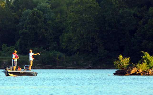 Justin Witten and Travis Cox made an early move to a rock jetty on the main river channel. 