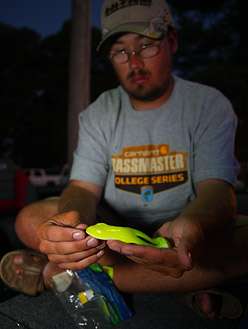 <p>
	Vincent Campisano from Murray State shows off the bait he plans to start competition with.</p>
