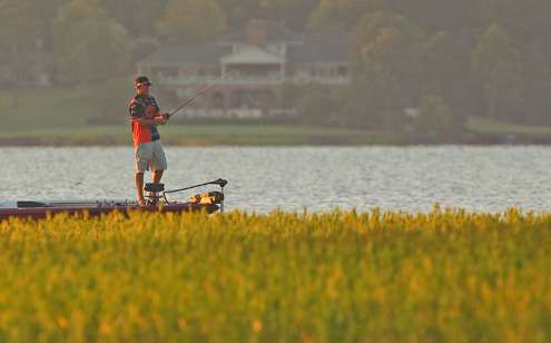 <p>
	Zack Birge starts the morning fishing shoreline grass.</p>
