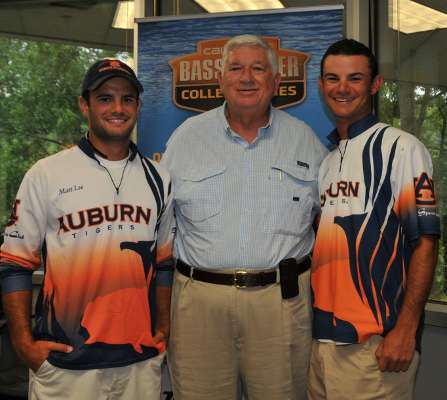 <p>
	Matt, left, and Jordan, right, posed with Auburn grad and B.A.S.S. co-owner Don Logan.</p>
