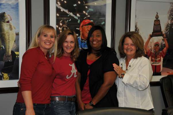 <p>
	University of Alabama graduates got in on the fun, too. B.A.S.S. staffers April Phillips, Laura Rush and Dannette Jackson posed with Leigh Lee, despite their team preference.</p>
