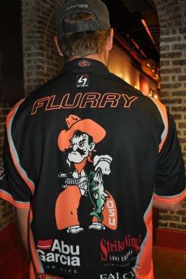 <p>
	The back of Flurry's jersey shows off this college fishing team's logo, with mascot Pistol Pete lipping a bass.</p>
