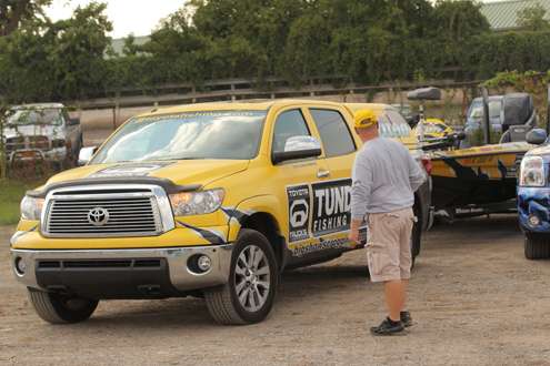 <p>Terry Scroggins backs his Toyota Tundra truck.</p>
