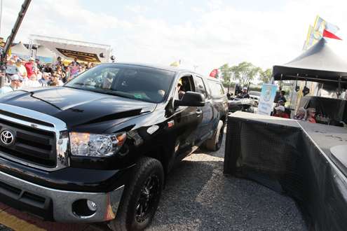 <p>
	Toyota Tundra trucks not only sponsor B.A.S.S., but play a major role in the weigh-in production.</p>
