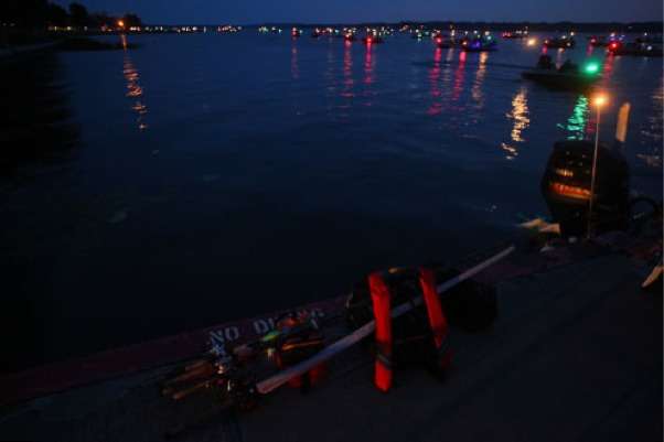 <p>
	 </p>
<p>
	Gear lines the dock waiting to be stowed as navigation beacons light up Cayuga Lake.</p>
