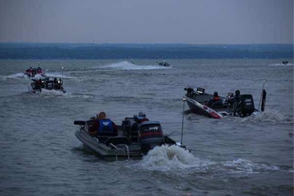 <p>
	Anglers take their hole shot and race across Cayuga Lake for the start of Day Two.</p>
