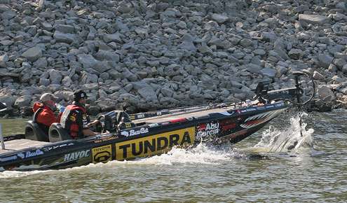 <p>
	Michael Iaconelli idles with his trolling motor down moving around a rip-rap bank.</p>

