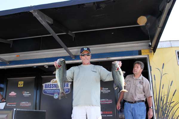<p>
	The individual tournament leader, Robby Fleshman (West Virginia), holds up two of the fish that put him in a comfortable lead. Will his fish hold up for two more days?</p>

