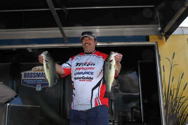 <p>
	Don Lauer is leading his state, Delaware, in the individual competition. These two bass made a sizeable contribution to his 14-pound, 13-ounce total.</p>
