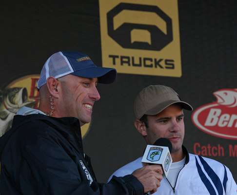<p>
	Emcee Dave Mercer talks to Bassmaster College Series champion Matt Lee, who will be using taking the new Toyota and Triton to the 2013 Bassmaster Classic.</p>
