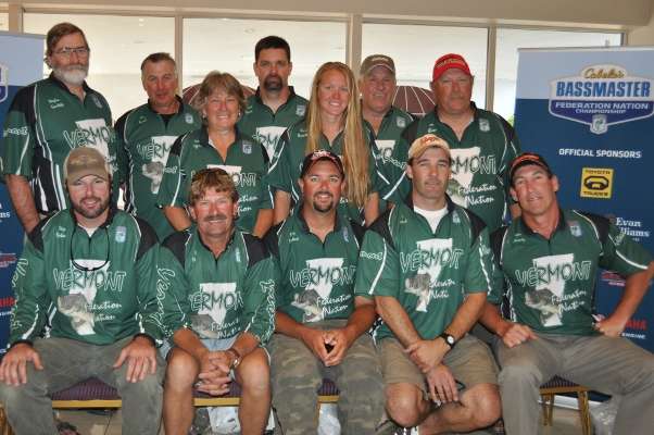 Members of the Vermont B.A.S.S. Federation Nation team are, standing, from left, Stephen Goulette, Jim Lynch, Rose Jeffries, Scott Green, Erin Divelbiss, William Wright, James Jeffries; seated, John Fitzgerald, Russell Phillips, Skip Sjobeck, Jay Menard and Sean Alvarez.