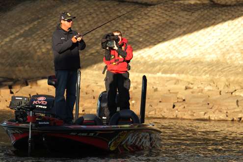 <p>
	VanDam has a TV cameraman on his boat while he practices this morning.<br />
	 </p>
