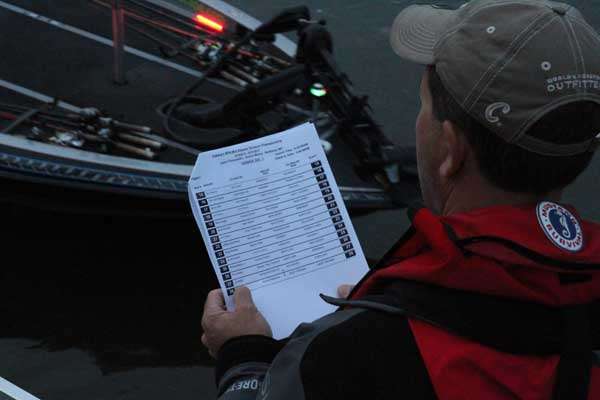 <p>
	B.A.S.S. staffer Eric Nichols checks the contender list as boats move through the line.</p>
