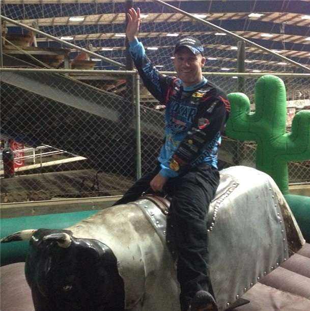 Brent Chapman tries his luck on a mechanical bull. When in Texas!