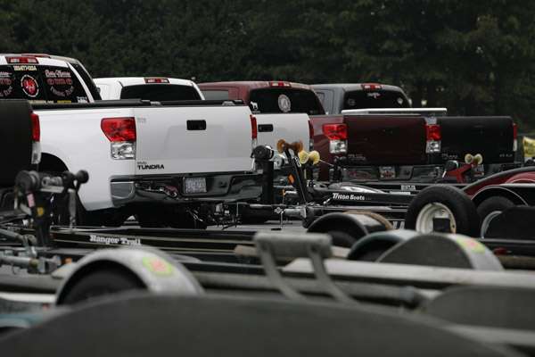 <p> </p>
<p>Trucks line up in the parking lot after dropping off their boats.</p>
