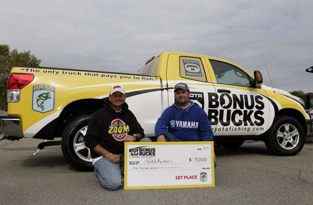<p> </p>
<p>Todd Auten, former Bassmaster Elite Series pro, and Pat Tierney, a construction company owner, won the Toyota Owners event and a $5,000 check. Auten fishes Lake Norman about eight times per year, and Tierney fishes it nearly every weekend.</p>
