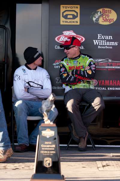 <p>
	Before the Bassmaster Elite Series started, and even before the 2012 Bassmaster Classic, Brent Chapman had punched his ticket to the 2013 Classic and set the bar high for the rest of the season by winning the first Bass Pro Shops Bassmaster Central Open of the year on Lake Lewisville in Texas. Here, he's seen with Josh Bertrand, who was tied with Chapman after three days of competition on Lewisville, forcing a fish-off. Chapman had been battling a debilitating cold all week in brutal winter conditions. Though a fourth day on the water was the last thing he wanted, Chapman secured the win with a single 5-pound bite, while Bertrand blanked.</p>
